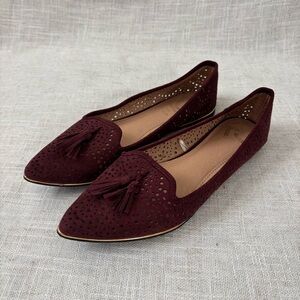 Report Gondola Burgundy Suede Perforated Gold Trim Tassel Pointed-Toe Flats 8.5